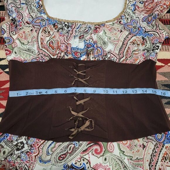 Vtg 90s Torrid Paisley Mesh Corset Dress Sz L/1X Brown Stretch Witchy Made USA - Picture 9 of 11